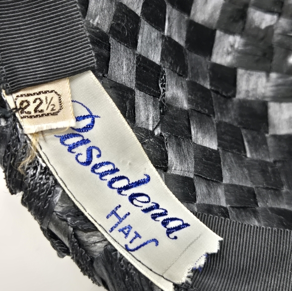 VINTAGE 1950 PASADENA HATS BLACK WOVEN STRAW BOATER HAT VEIL WOMEN OS WHIMSIGOTH - Picture 12 of 15